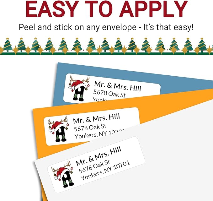 Personalized Christmas Address Labels - Custom Address Labels with Monogram (Reindeer Topper)
