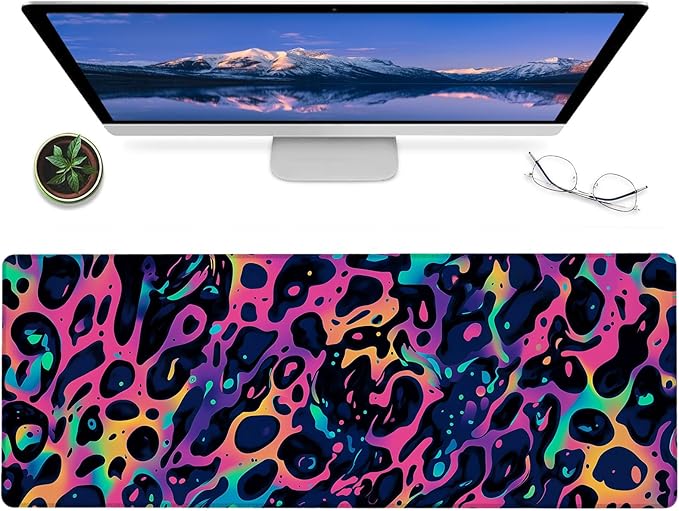 Neon Leopard Gaming Mouse Pad,12x31.5in Non-Slip Rubber Bold Colors Abstract Desk Mat,Large Extended Bold Mousepad for Office Home Laptop,Mice Pads Gifts,Game Lover Deskmat Decor