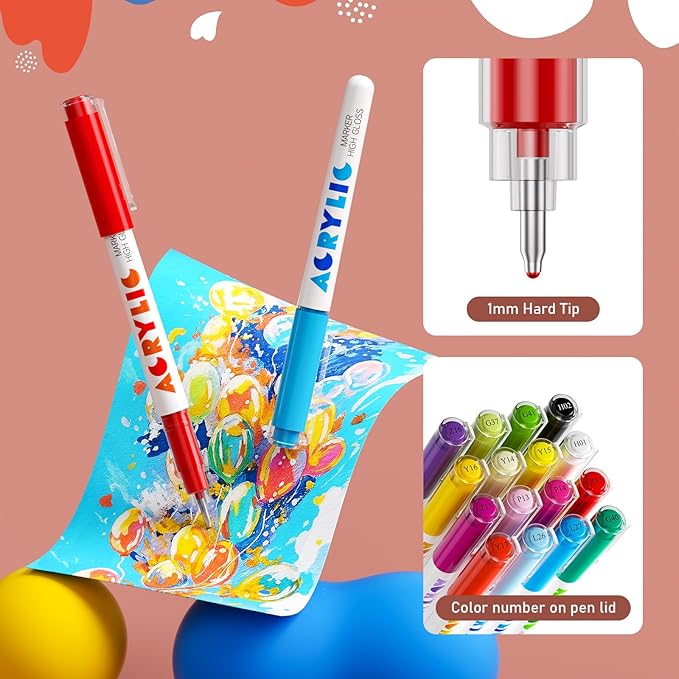 DICEKOO Acrylic Paint Markers, 72 Colors Acrylic Gel Pens, Ballpoint Pens Extra Fine Tip 1.0 mm, Non-Bleed Ink, Odorless, Quick-Drying, Smoothly for Detail Work, Writing, Doodling, Note taking