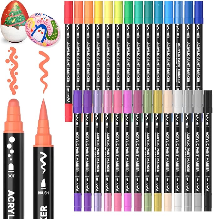 Shuttle Art 28 Colors Dual Tip Acrylic Paint Markers, Brush Tip and Dot Tip Acrylic Paint Pens for Rock Painting, Ceramic, Wood, Canvas, Plastic, Glass, Stone, Calligraphy, Card Making, DIY Crafts