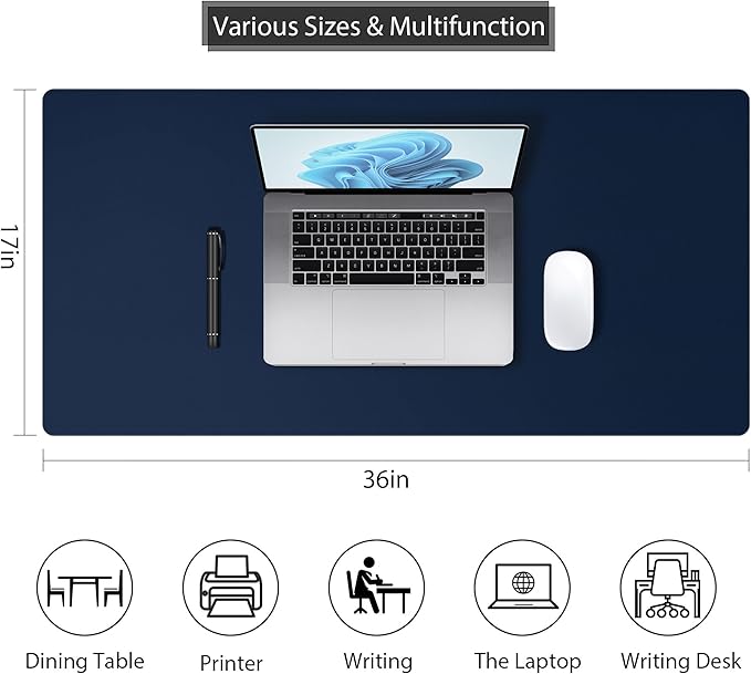 Mouse Pad Desk Protector Mat, Large PU Leather Office Desk Mat, Non-Slip Desk Pad for Keyboard and Mouse, Waterproof Desk Blotter Pad for Writing, Wide & Smooth Laptop Desk Pads, Navy (17’’X36’’)