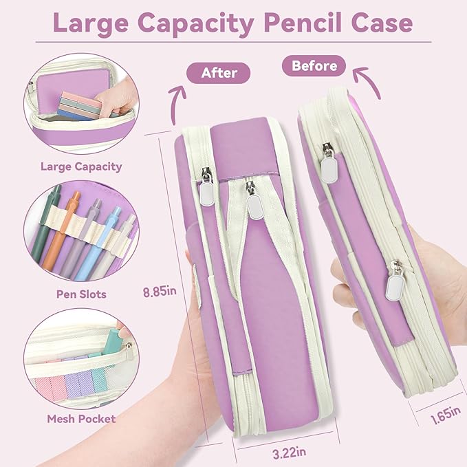 52 PCS Aesthetic School Supplies with Cute Pencil Case, Stationery Essentials with Pens Pencils and Pastel Highlighters Set,College Back to School Supplies for Teen Girls,Pastel Office Supplies-Purple