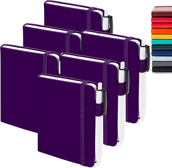 feela 6 Pack Pocket Mini Notebooks Bulk, Small Cute Memo Notepads Hardcover College Ruled Lined Journals with Pen Holder for School Business Work, with 6 Black Pens, 3.5”x 5.5”, A6, Purple