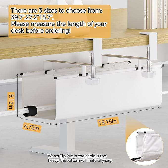 Under Desk Cable Management Tray 15.7" - No Drill Computer Wire Organizer Cable Tray, Cord Hider Clamp Mount with 16X Cable Ties PC Cables Management Cord Holder for Office/Home (Upgrade Fabric,White)