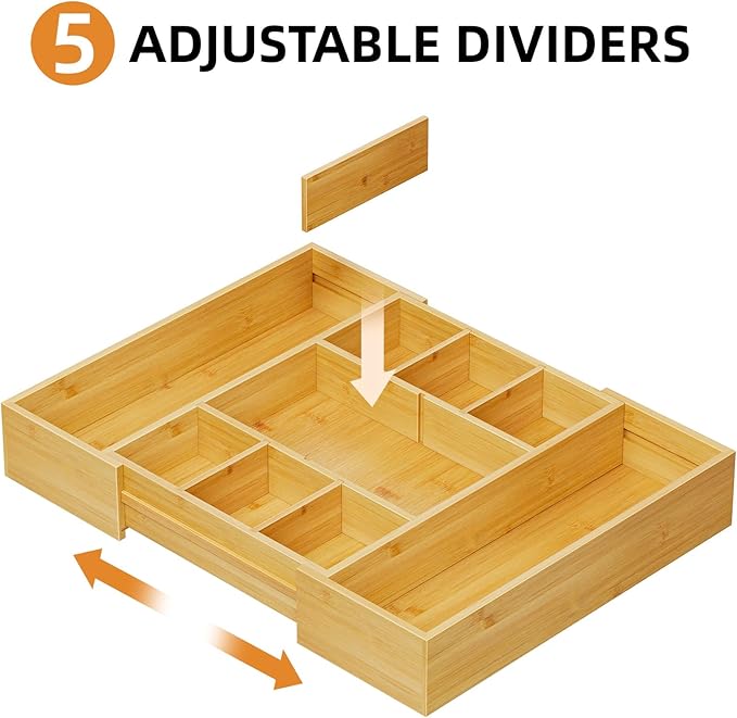 Marbrasse Bamboo Expandable Drawer Organizer, Desk Drawer Organizer Tray with 5 Dividers, Desk Organizers and Accessories, 10 Adjustable Compartments for Office Supplies, Junk, Makeup & Vanity