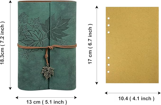 Leather Writing Journal Notebook,Classic Spiral Bound Notebook Refillable Diary Sketchbook Gifts with Unlined Travel Journals to Write in for Girls and Boys(Leaves,A6/Dark Green)