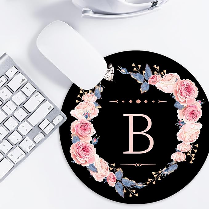 Letter B Black and Pink Flowers Round Mouse Pad,Funny Small Mouse Pad with Non-Slip Rubber Base,Mouse Mat,Home Office Decor Desk Accessories,8.7inch Round Mouse Pad