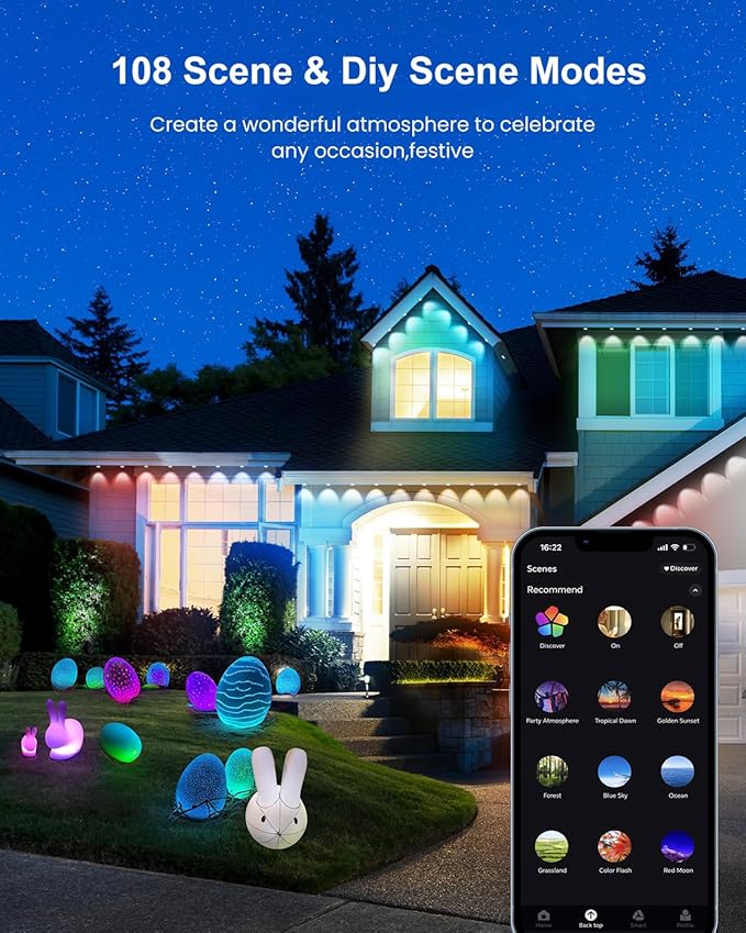 Permanent Outdoor String Lights, 50ft RGBW+IC Smart LED Eaves Lights Waterproof IP67, App & Remote Control, Multi-Colored DIY Scene Lighting for Halloween Christmas House Year-Round Decor