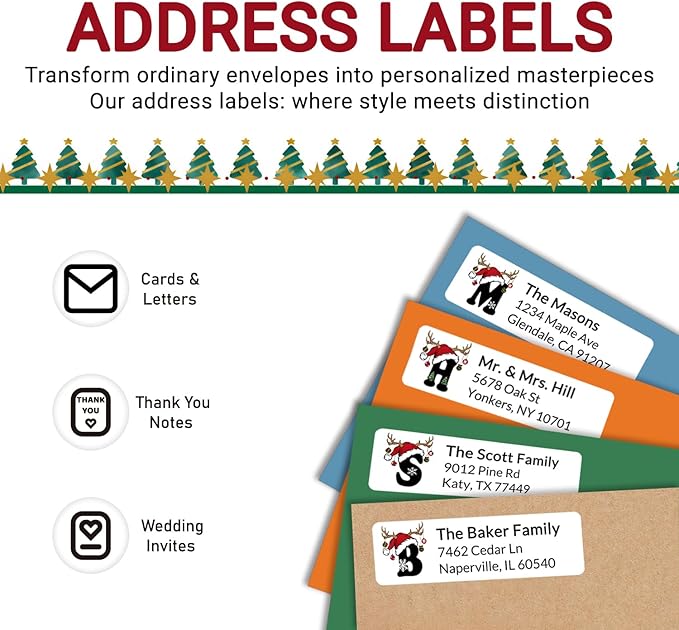 Personalized Christmas Address Labels - Custom Address Labels with Monogram (Reindeer Topper)