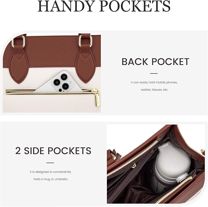 LOVEVOOK Laptop Tote Bag for Women, 15.6 inch Work Bag Purse, Waterproof Leather Women Business Office Briefcase, Beige-Brown