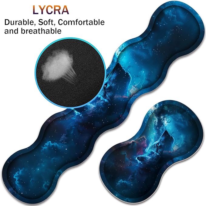 Large XXL Gaming Desk Mat 31.5"x 11.8", Ergonomic Keyboard Wrist Rest & Mouse Pad Wrist Rest + Coaster Set, Non-Slip Base, Memory Foam, Office and Home, Nebular Wolf