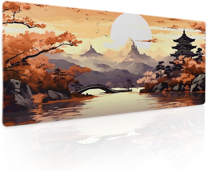 Orange Japanese Sakura Gaming Mouse Pad XL Yellow Cherry Blossom Mountain Aesthetic Large Desk Mat Big Mousepad Non-Slip Rubber Base Stitched Edge Long Desk Pad for Desktop Computer,31.5×11.8 in