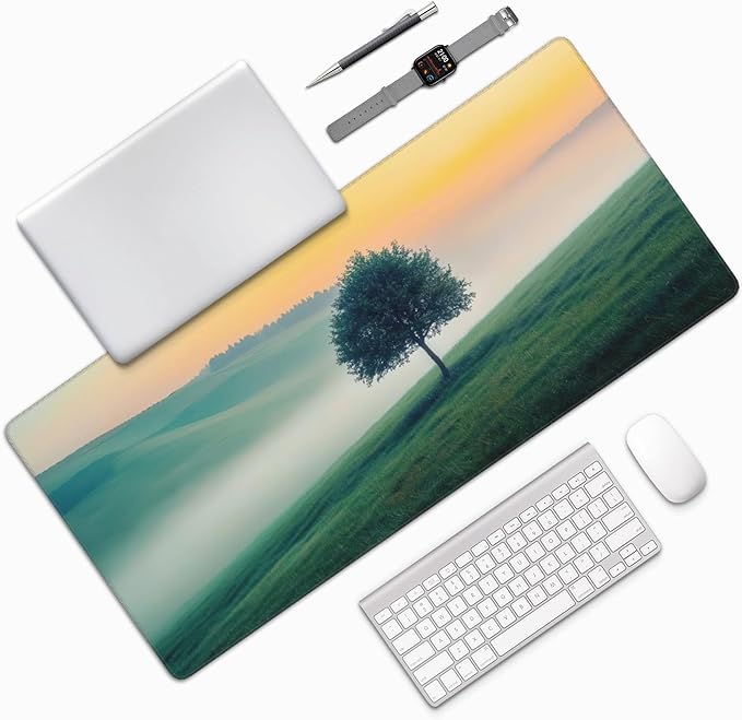 Misty Forest Large Mouse Pad, Vintage Aesthetic Gaming Desk Mat, XXL Keyboard Desk Pad Mat for Desktop, 35.4"x15.7" Non-Slip Base Big Mousepad with Stitched Edges