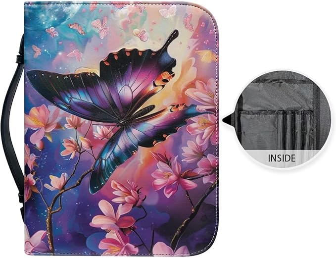 Lotusorchid Cherry Blossom Butterfly Printed Bible Bags, Faux Leather Bible Covers with Handle Pockets for Women, Blue Butterfly Sturdy Bible Bag for Girls Ages 8-12, Christian Bible Study Accessories