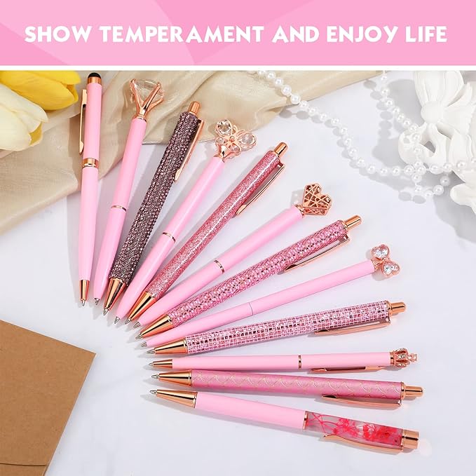 12 Pcs Diamond Pens Metal Liquid Sand Glitter Cute Ballpoint Pen Set Girly Crystal Pen Women Ballpoint Pen Black Ink Ball Point Pen Gift for Women Office Supplies School Wedding Party Desk (Pink)