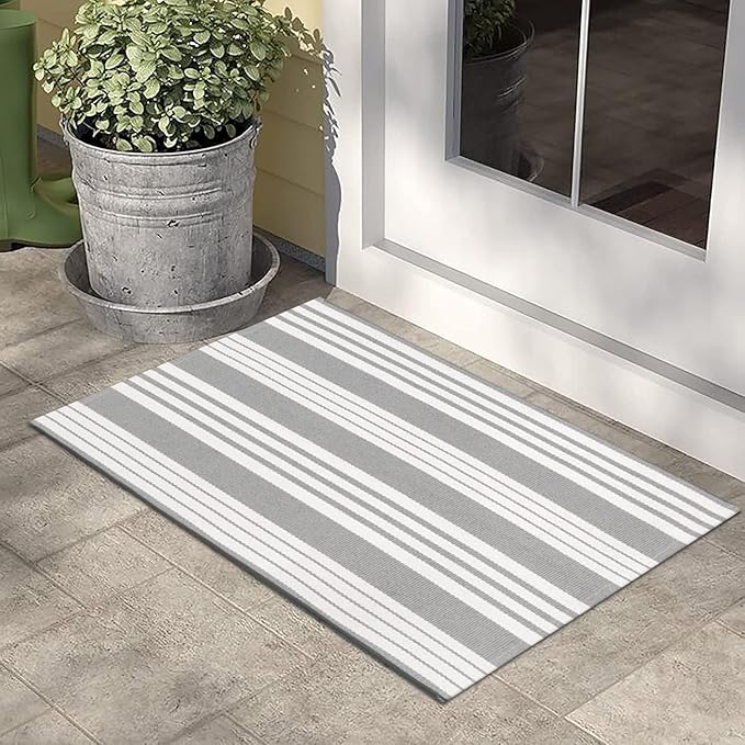 OJIA Christmas Front Door Mat Outdoor 24"x35" Front Door Rug Gray and White Striped Outdoor Rugs Washable Entry Rug Indoor Door Mats Cotton Woven Small Area Rugs for Entrance/Porch/Kitchen/Entryway
