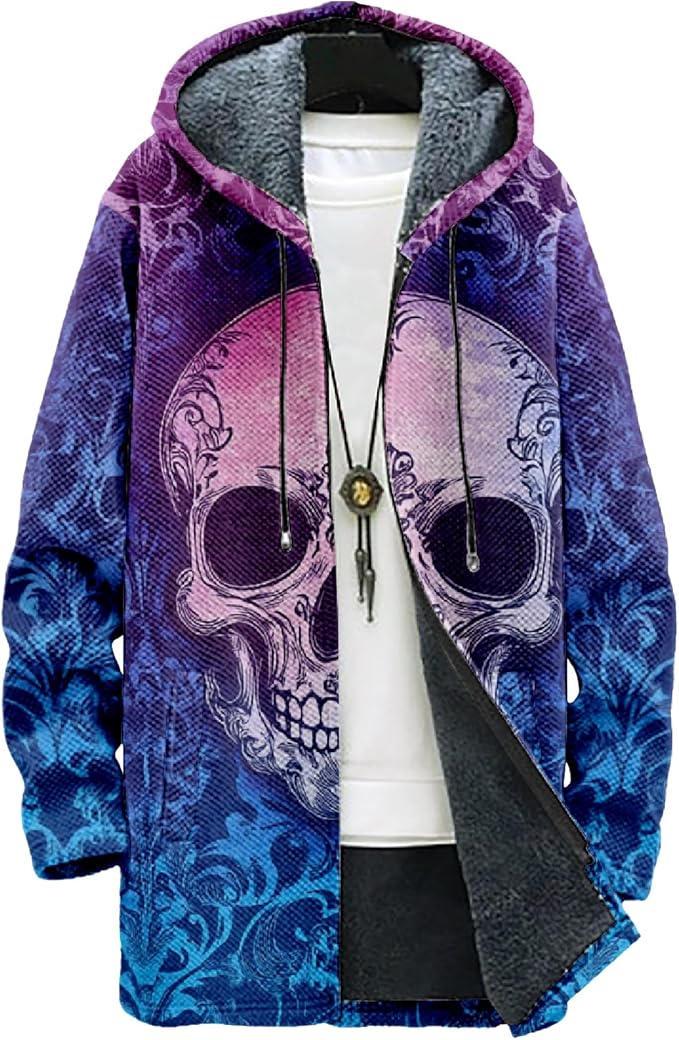 MARSVOVO Mens Cardigan Sweater Cool Graphic Lined Fleece Long Coat Zip With Pockets Fashion Coat Warm Fitted Jacket