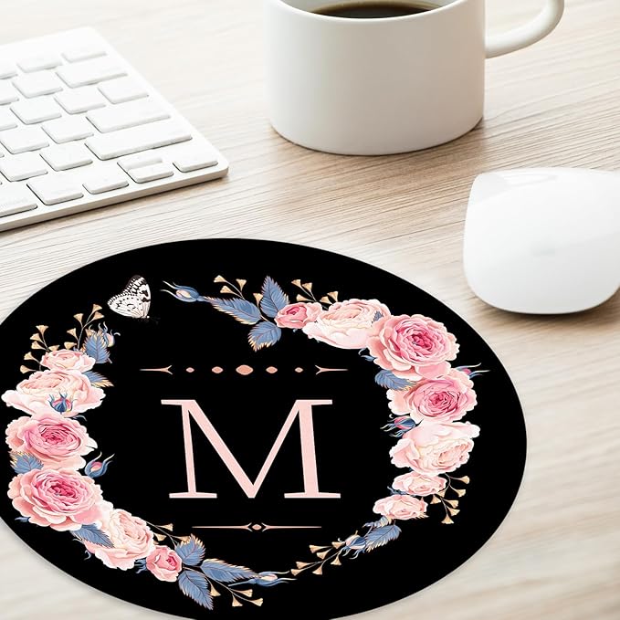 Letter M Black and Pink Flowers Round Mouse Pad,Funny Small Mouse Pad with Non-Slip Rubber Base,Mouse Mat,Home Office Decor Desk Accessories,8.7inch Round Mouse Pad