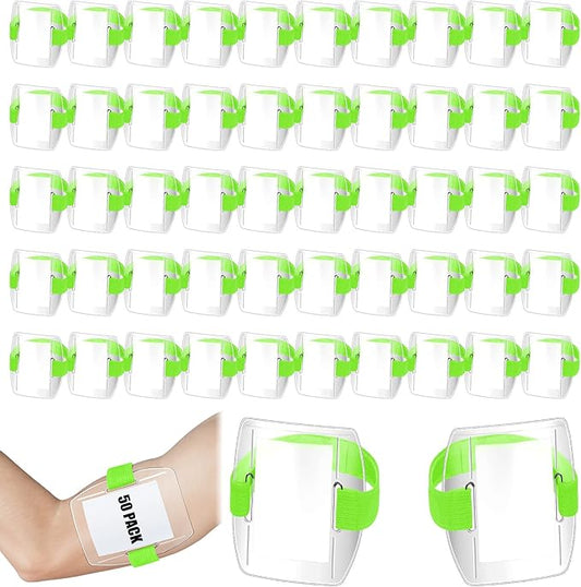Meanplan 50 Pcs Arm Badge Holder Armband ID Badge Holder Bulk Visibility PVC with Adjustable Belt Elastic Armband Clear Name Tag for Work Pass, Postcards, Universal Size(Green)