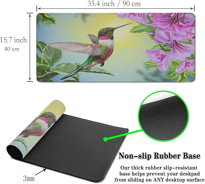 Large Gaming Mouse Pads Hummingbird Desk Mats, Mouse?Mat XXL Desktop Mat, Desktop Mouse Pad Non-Slip Rubber Base Waterproof with Stitched Edges, 35.4 X 15.7 inch for Work/Game/Office/Home