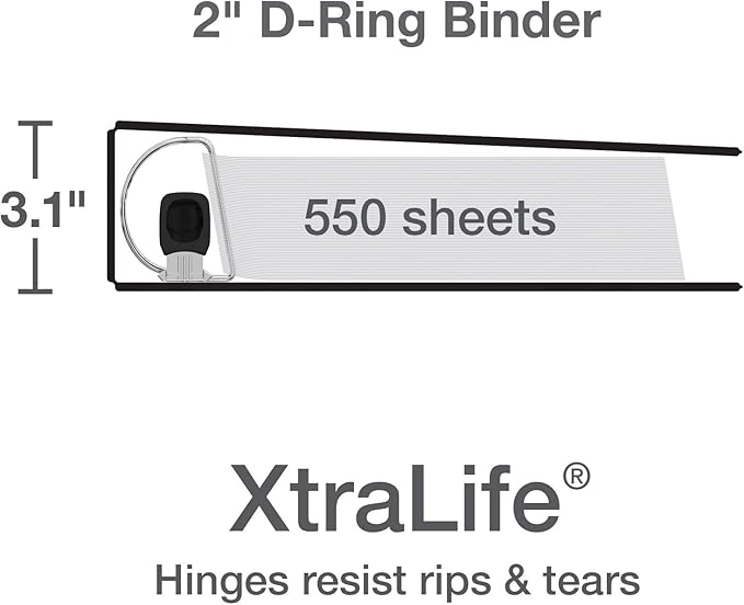 Oxford 3 Ring Binders, Binders for School and Office, 2 Inch ONE-Touch Easy Open D Rings, 3-Sided View Binder Covers, Xtralife Hinge, Non-Stick, PVC-Free, Black, 530-Sheet Capacity, 4 Pack (79911)