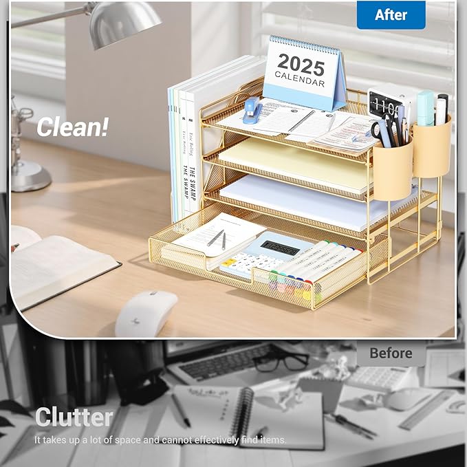 OPNICE Desk Organizer and Accessories, 4-Tier Desktop File Organizer with Drawer and 2 Pen Holders, Office Desk Accessories, File Sorters, Workspace Organizers for Office Supplies(Gold)