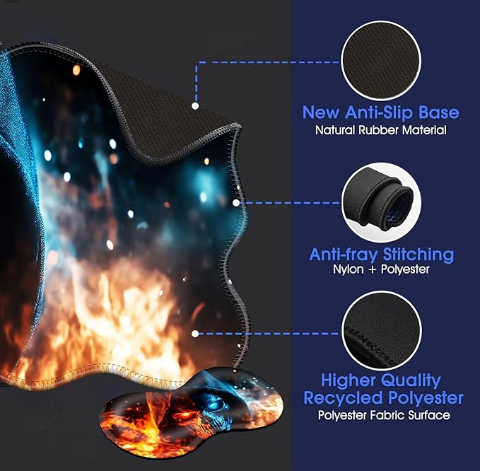 Large Mouse Pad and Keyboard Wrist Rest, Desk Pad for Keyboard and Mouse, 4-in-1 Large Gaming Mouse Pad with Wrist Support, Desk Mat for Home Office Study Game-Flaming Skull