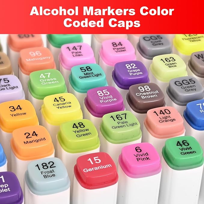 Alcohol Markers 100 Colors, Dual Tips Coloring Art Markers Set with Case & Holders, Chisel & Fine Artist Sketch Pens Art Supplies for Kids Adult Coloring Books, Drawing, Painting, Sketching