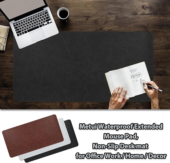 Leather desk pad for computer and laptops, Ideal for gaming and office use, Large mouse pad and keyboard mat, desk mat special for man. A complimentary wrist pad and phone stand. (Black, 17.7"x 39.37)
