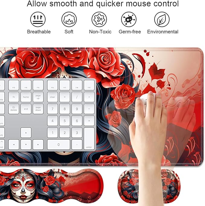 4 in 1 Ergonomic Keyboard Wrist Rest & Mouse Pad Wrist Rest Set, Large XXL Gaming Desk Mat 31.5"x 11.8" with Non-Slip Base, Memory Foam for Home Office Study Gaming, Sugar Skull Girl Roses