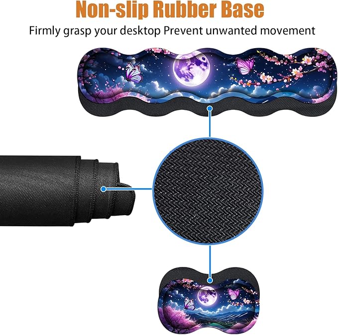 4 in 1 Ergonomic Keyboard Wrist Rest & Mouse Pad Wrist Rest Set, Large XXL Gaming Desk Mat 31.5"x 11.8" with Non-Slip Base, Memory Foam for Home Office Study Gaming, Moon Cherry Blossom Butterfly