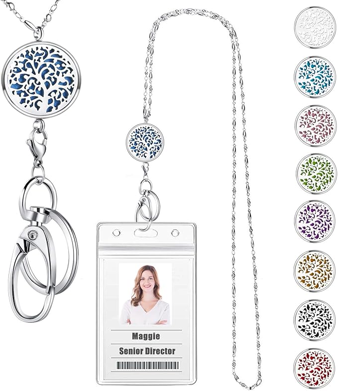 Lanyards for ID Badges and Keys, ID Badge Holder with Lanyard Stainless Steel Keychain Diffuser Necklace Lanyard Badge Lanyards for Women Teacher Nurse Student Office Work Jewelry Family Tree