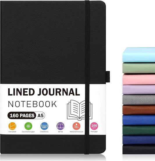 Lined Journal Notebooks for Women and Men, A5 100gsm Hardcover Notebook with Pen Loop, 160 Pages, 5.7" X 8.3", Notebook for Student, Office, School (Black)