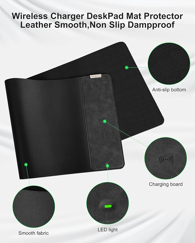 Mouse Pad with Wireless Charging, Black Mousepad Long Desk Mat, Large Gaming Mouse Pad, Soft Mouse Pad Gaming Desk Pad with Non-Slip Rubber Base, Extended Computer Keyboard Mat Office Mice Pad