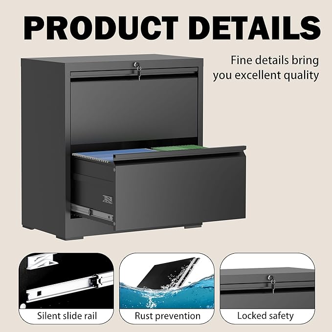 Lateral File Cabinet with Lock, 2 Drawer Filing Cabinet, Metal File Cabinets for Home Office, Steel Heavy-Duty Filing Storage Cabinet for Letters/Legal/A4 (Require Assembly, Black)