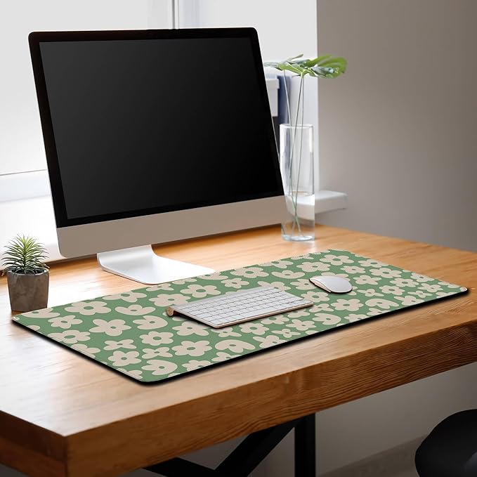 Large Gaming Mouse Pad - Green Keyboard Mouse Pads with Non-Slip Rubber Base, 35.4" X 15.7" for Game Office, Groovy Flowers