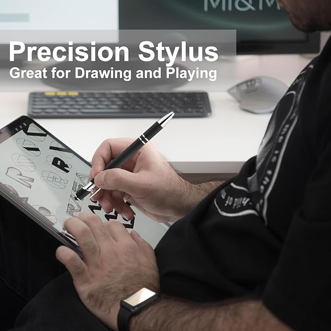 LINFANC 12 Pack Ballpoint Pen with Stylus Tip, 1.0 mm Black Ink Smooth Writing Pens, Metal Stylus Pens for Touch Screens