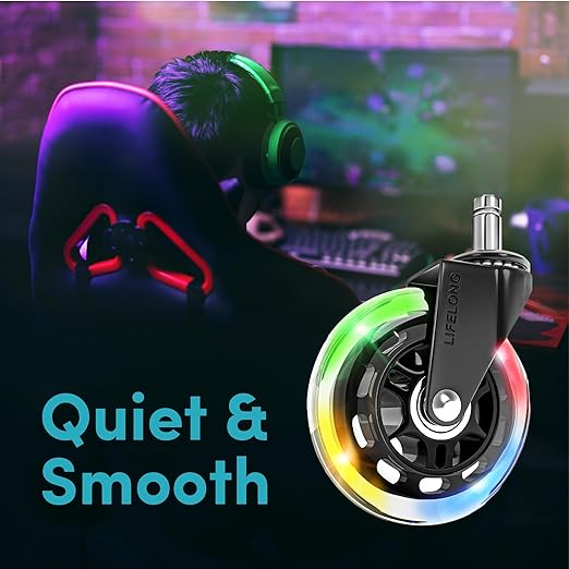 Lifelong Gaming Chair Wheels Replacement RGB Rubber Office Chair Casters for Carpet and Hardwood Floors, Set of 5, Heavy Duty Caster Wheels for Desk Chairs - Fits 98%