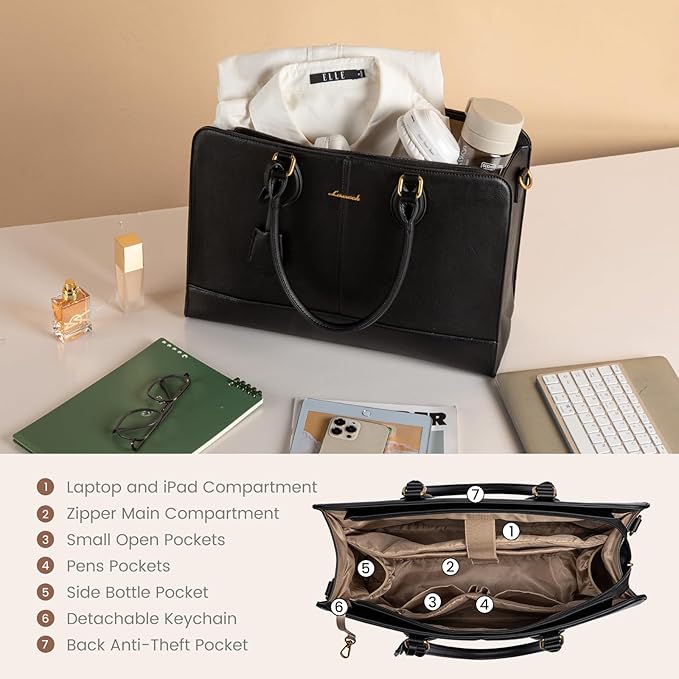 LOVEVOOK Laptop Bag for Women, Work Tote Bags 17.3 inch Computer Bags for Laptops for Women Purse, Large Vintage PU Leather Waterproof Business Office Briefcase, Black