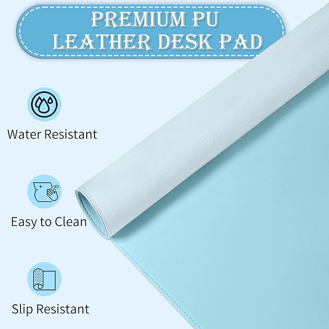 Large PU Leather Desk Pad, 47.2" x 17" Non-Slip Mat for Desktop, Office & Computer, Waterproof Blotter Pad, Keyboard Mat for Home & Office (Sky Blue)