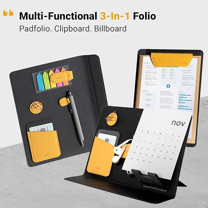 LHiDS Creative Folio Lite 2.0 with Stand, Business Portfolio Resume, 3-in-1 Padfolio with Magnetic Accessories, Work as Notebook Cover, Clipboard, Organizing Board for Home and Office (Yellow, A5)