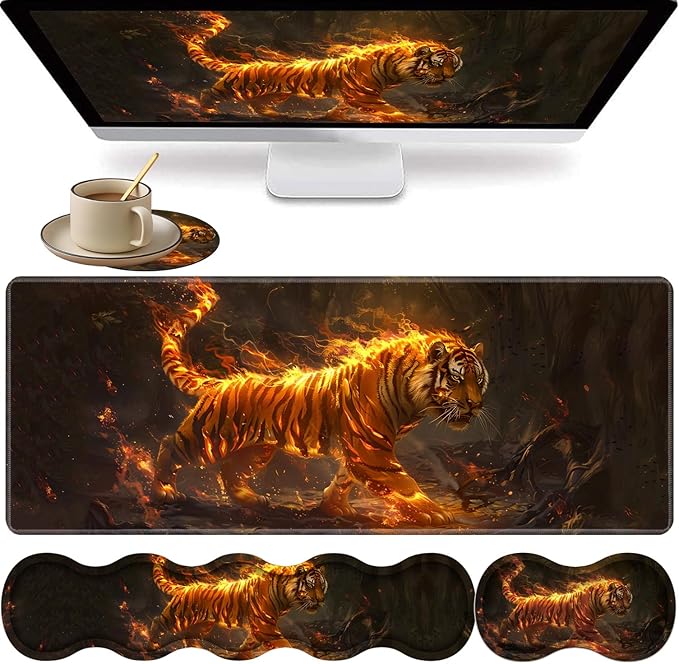Large XXL Gaming Desk Mat 31.5"x 11.8", Ergonomic Keyboard Wrist Rest & Mouse Pad Wrist Rest + Coaster Set, Non-Slip Base, Memory Foam, Office and Home, Fire Tiger