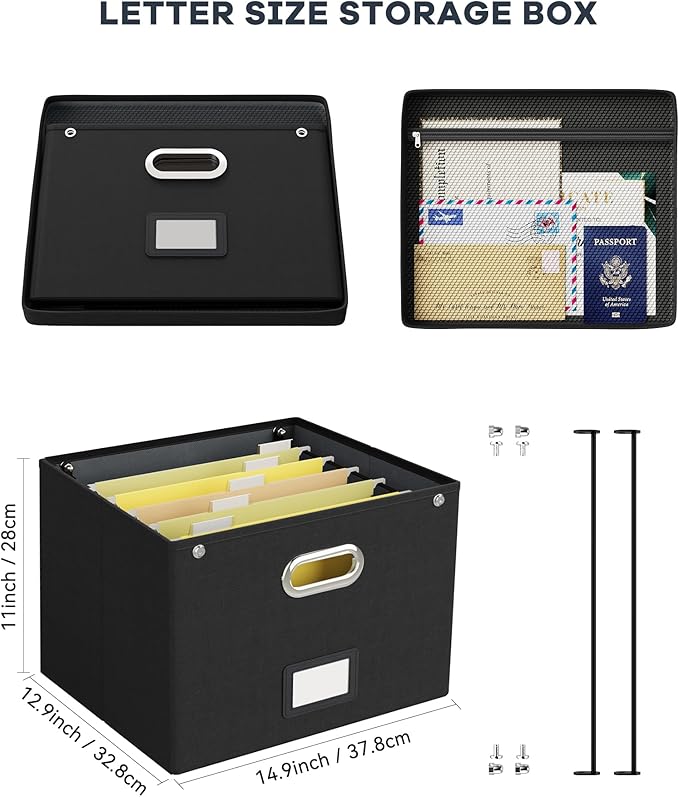 Oterri File Organizer Box with Lid,Large Hanging Filing Box with Mesh Pocket, Document c for Letter Files, Portable Storage Case with Smooth Sliding Rail for Office&Home (1 PCS, Black)