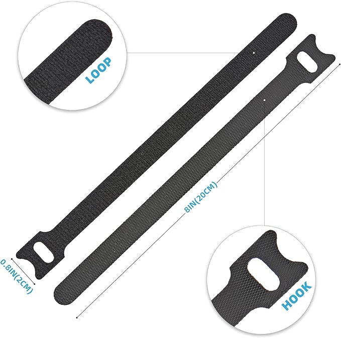 100 PCS Reusable Cable Ties with Hook and Loop, Multi-purpose Adjustable 8 Inch Cable Management Wire Ties Cable Straps for Organizing Home, Office and Data Centers (Black)