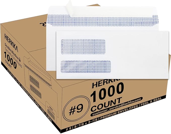 #9 Double Window Security Envelopes, HERKKA No.9 Double Window Business Envelopes Designed for Quickbooks Invoices and Business Statements - Number 9 Size 3 7/8 Inch X 8 7/8 Inch - 24 LB - 1000 Pack