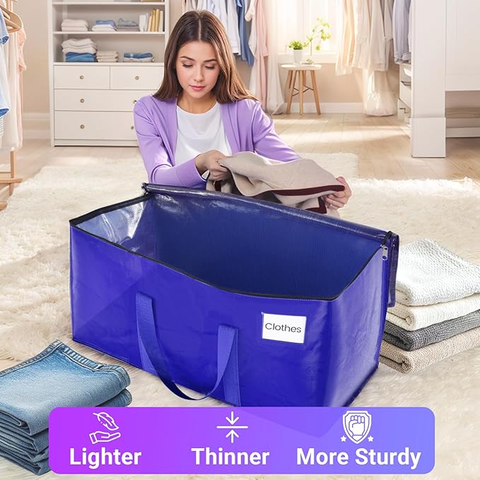 Moving Storage Bags, Moving Supplies Packing Boxes for Moving, Camping, College Dorm Room Essentials for Girls, Blue Tote Bags, Heavy-Duty Storage Bins With Lids And Zippers, 76L 6 Pack