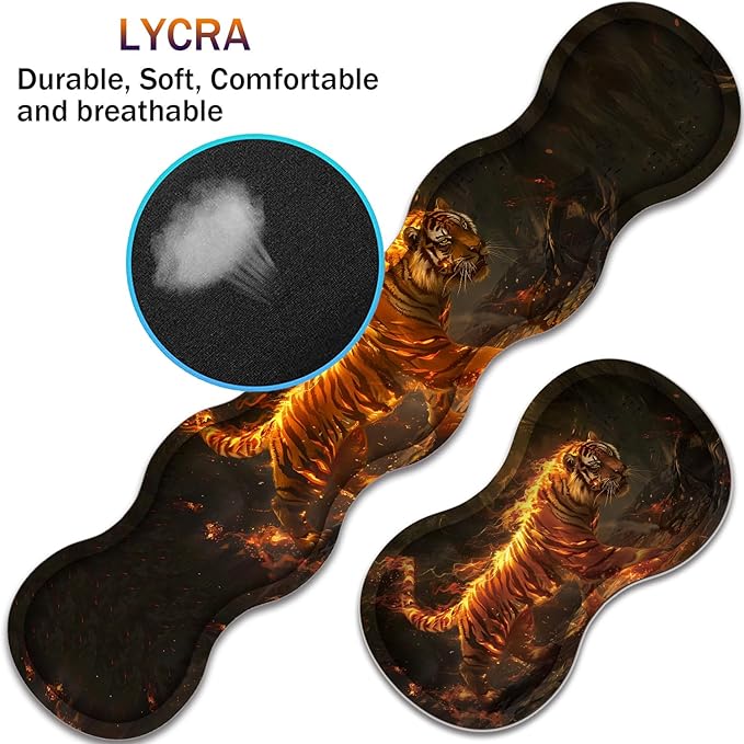Large XXL Gaming Desk Mat 31.5"x 11.8", Ergonomic Keyboard Wrist Rest & Mouse Pad Wrist Rest + Coaster Set, Non-Slip Base, Memory Foam, Office and Home, Fire Tiger