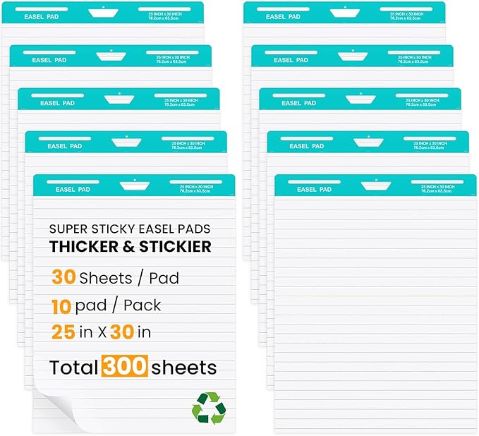 OLenyer Super Sticky Easel Pad, 25x 30IN, Large Self Stick Flip Chart Paper for Office School Classroom Supplies, 30 Sheets/Pad, 10 Pads/Pack, White, Lined