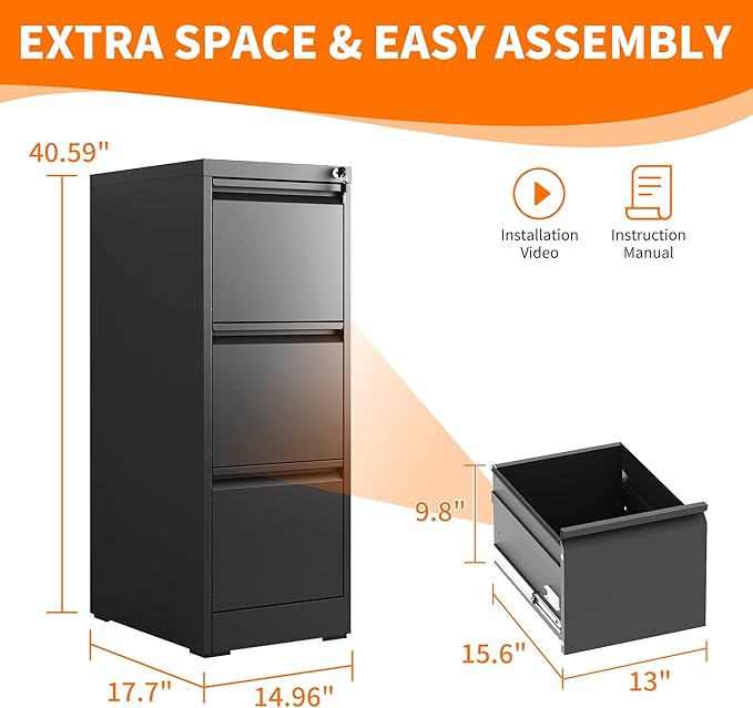 Metal File Cabinet with 3 Drawer Heavy Duty Locking File Cabinets Home Office Steel Black Filing Cabinet with Lock Vertical File Cabinets for Legal/Letter Size File,Assembly Required