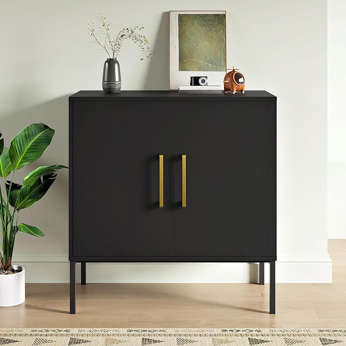 LYNSOM Storage Cabinet with Doors and Shelves, Free Standing Office Cabinet, Modern Wood Buffet Sideboard for Kitchen, Living Room, Bedroom, Hallway, Black